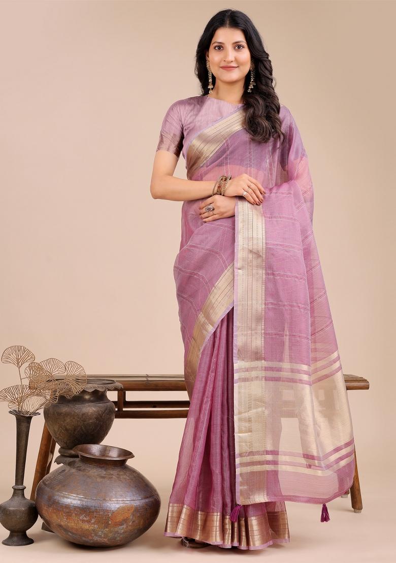 Purple Woven Zari Work Organza Saree Set