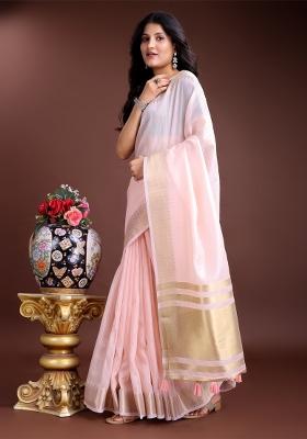 Light Pink Woven Zari Work Cotton Saree Set