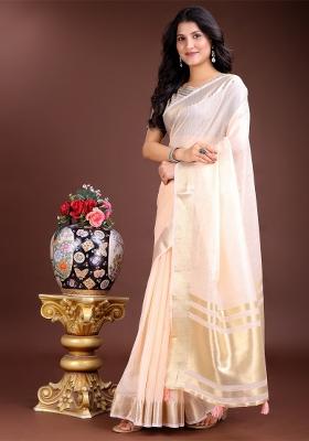 Peach Woven Zari Work Cotton Saree Set