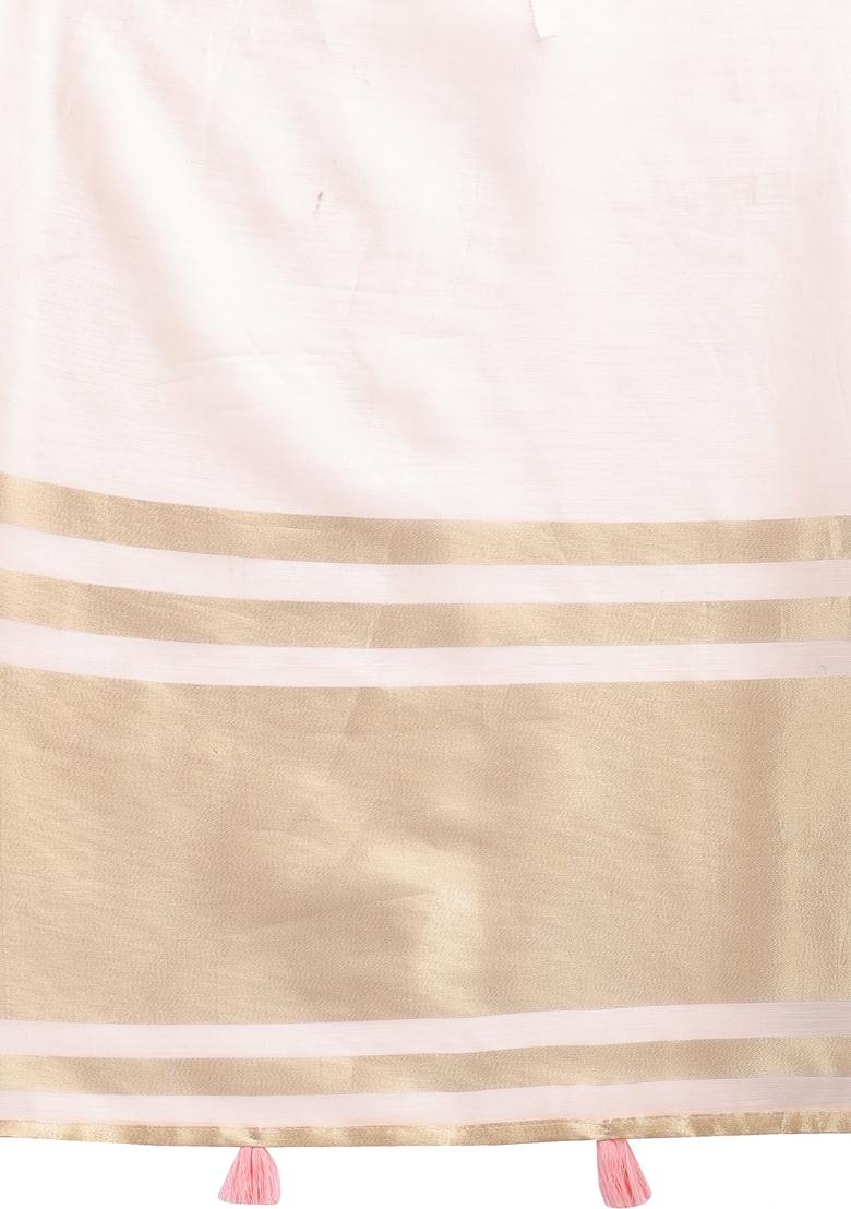 Peach Woven Zari Work Cotton Saree Set