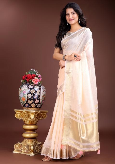 Peach Woven Zari Work Cotton Saree Set