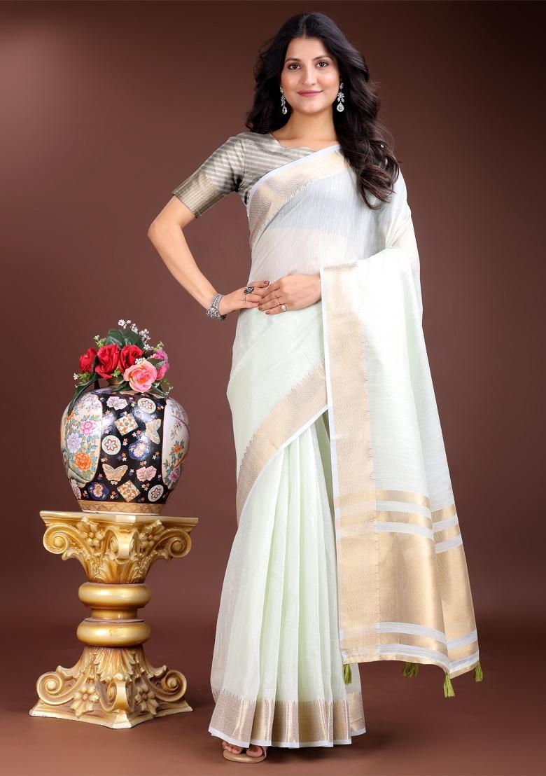 Light Green Woven Zari Work Cotton Saree Set