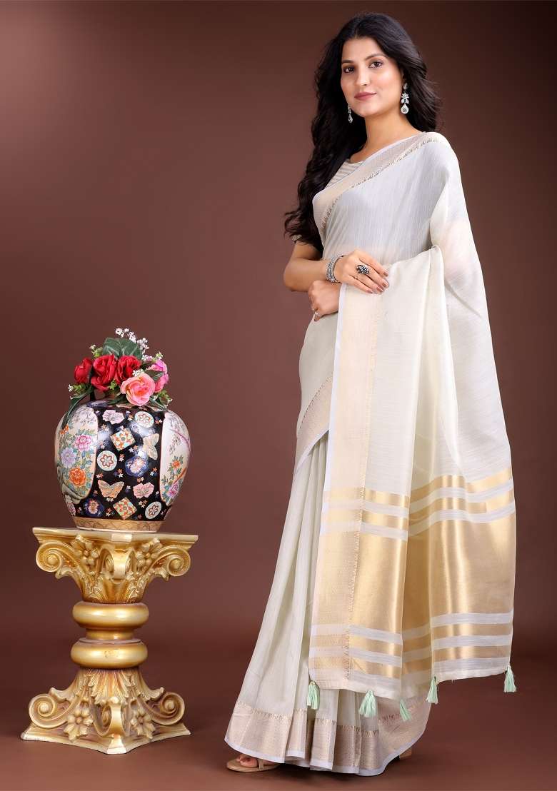 Grey Woven Zari Work Cotton Saree Set - Indya