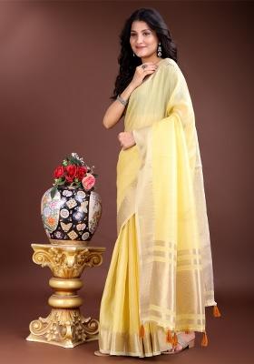 Yellow Woven Zari Work Cotton Saree Set