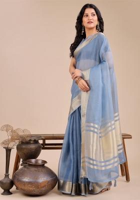 Sky Blue Woven Zari Work Organza Saree Set