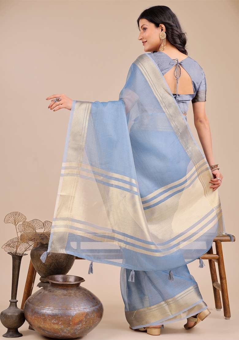 Sky Blue Woven Zari Work Organza Saree Set - Indya