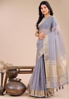 Grey Woven Zari Work Organza Saree Set