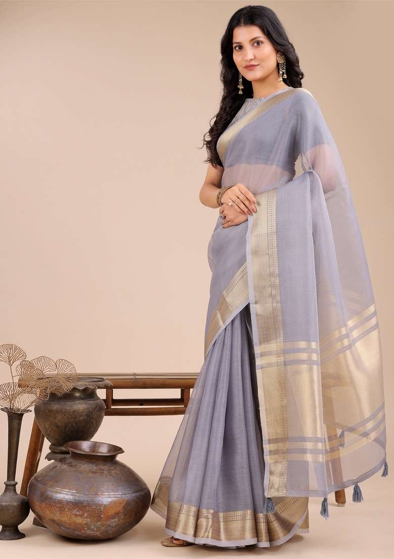 Grey Woven Zari Work Organza Saree Set - Indya