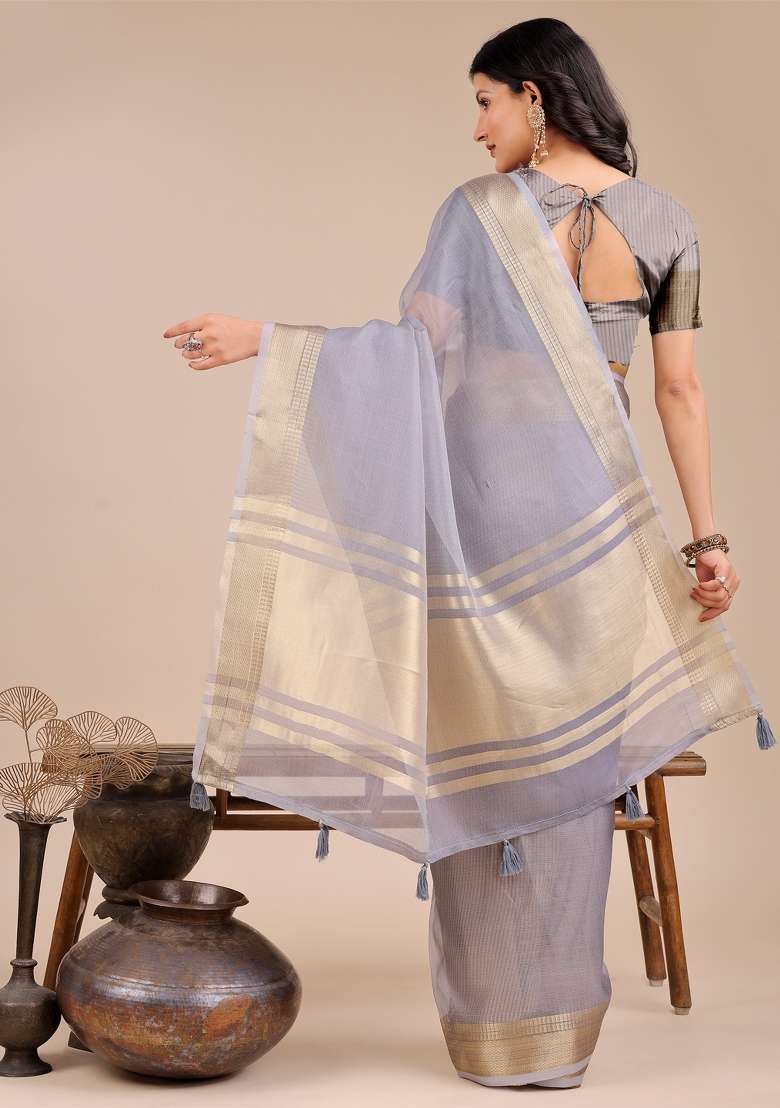 Grey Woven Zari Work Organza Saree Set - Indya