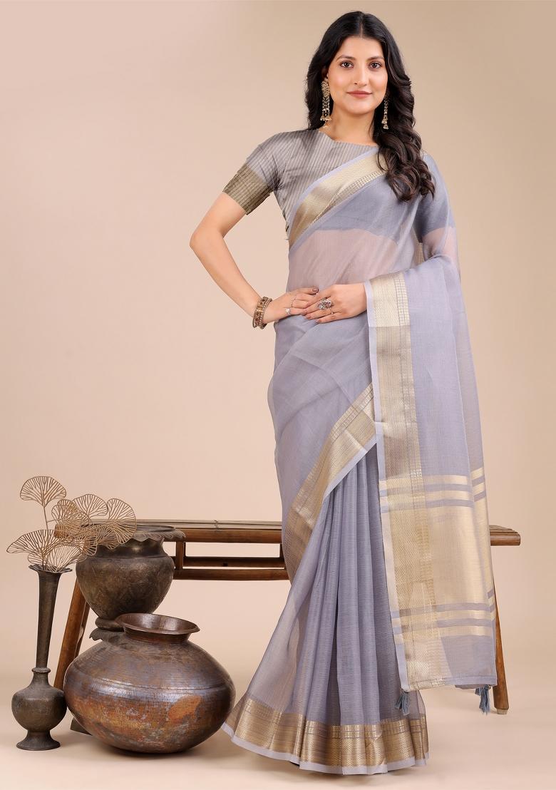 Grey Woven Zari Work Organza Saree Set