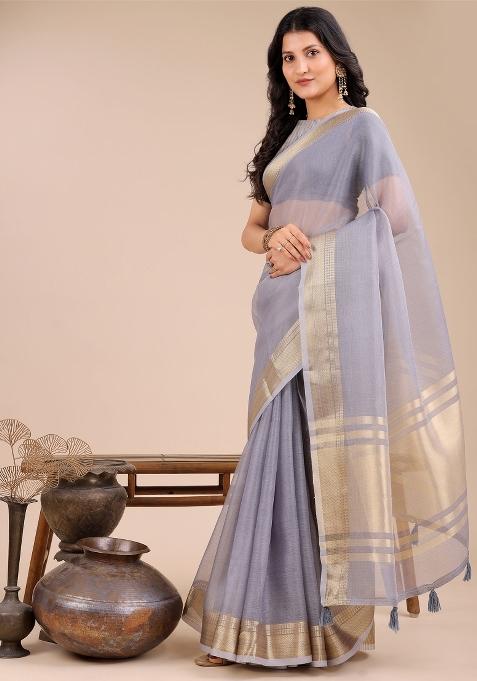 Grey Woven Zari Work Organza Saree Set