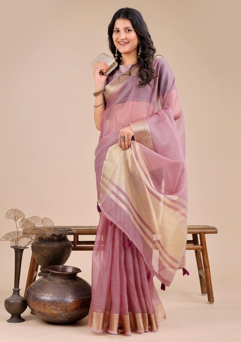 Purple Woven Zari Work Organza Saree Set
