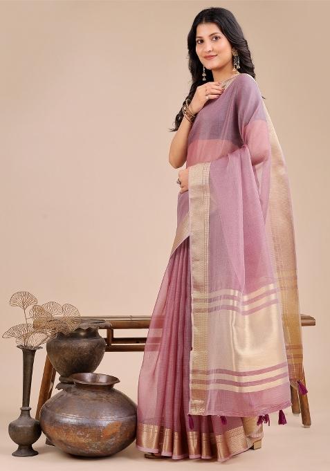 Purple Woven Zari Work Organza Saree Set