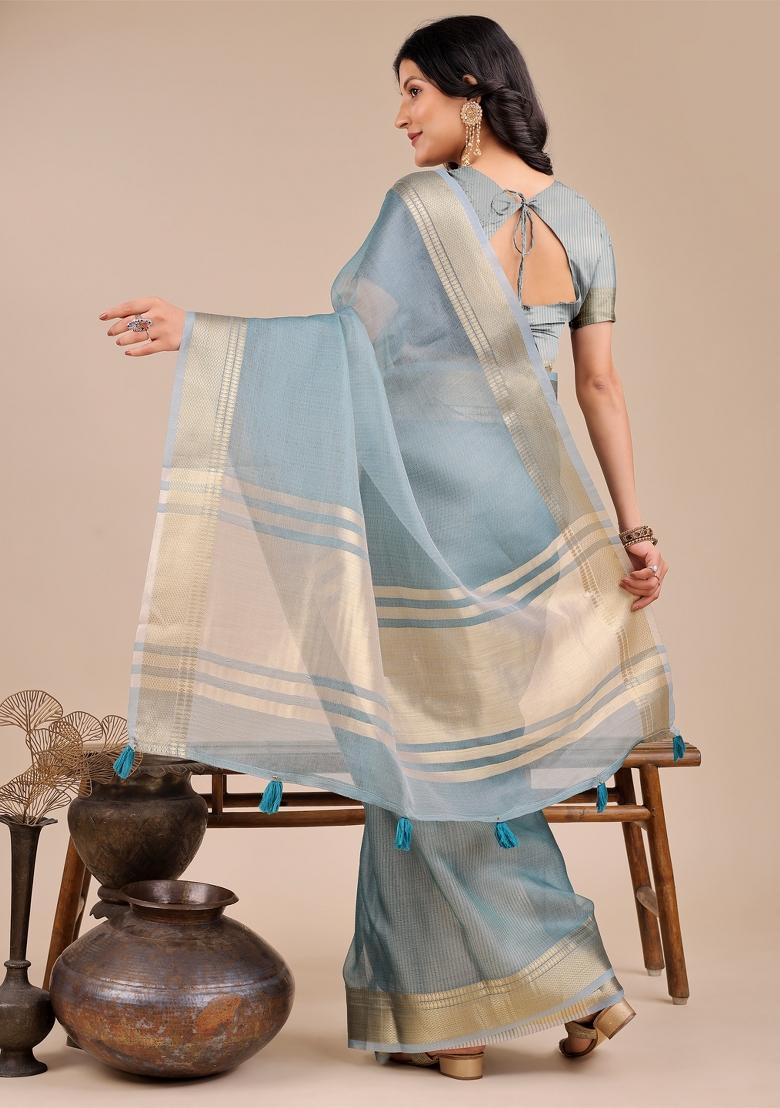 Sea Green Woven Zari Work Organza Saree Set