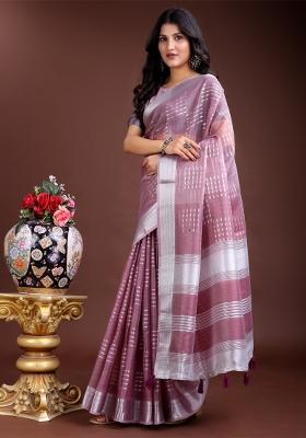 Purple Woven Zari Work Organza Saree Set