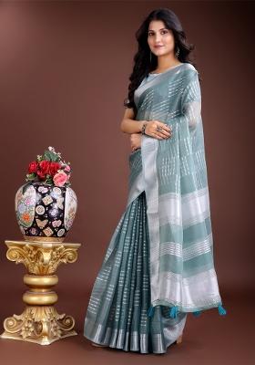 Sea Green Woven Zari Work Organza Saree Set