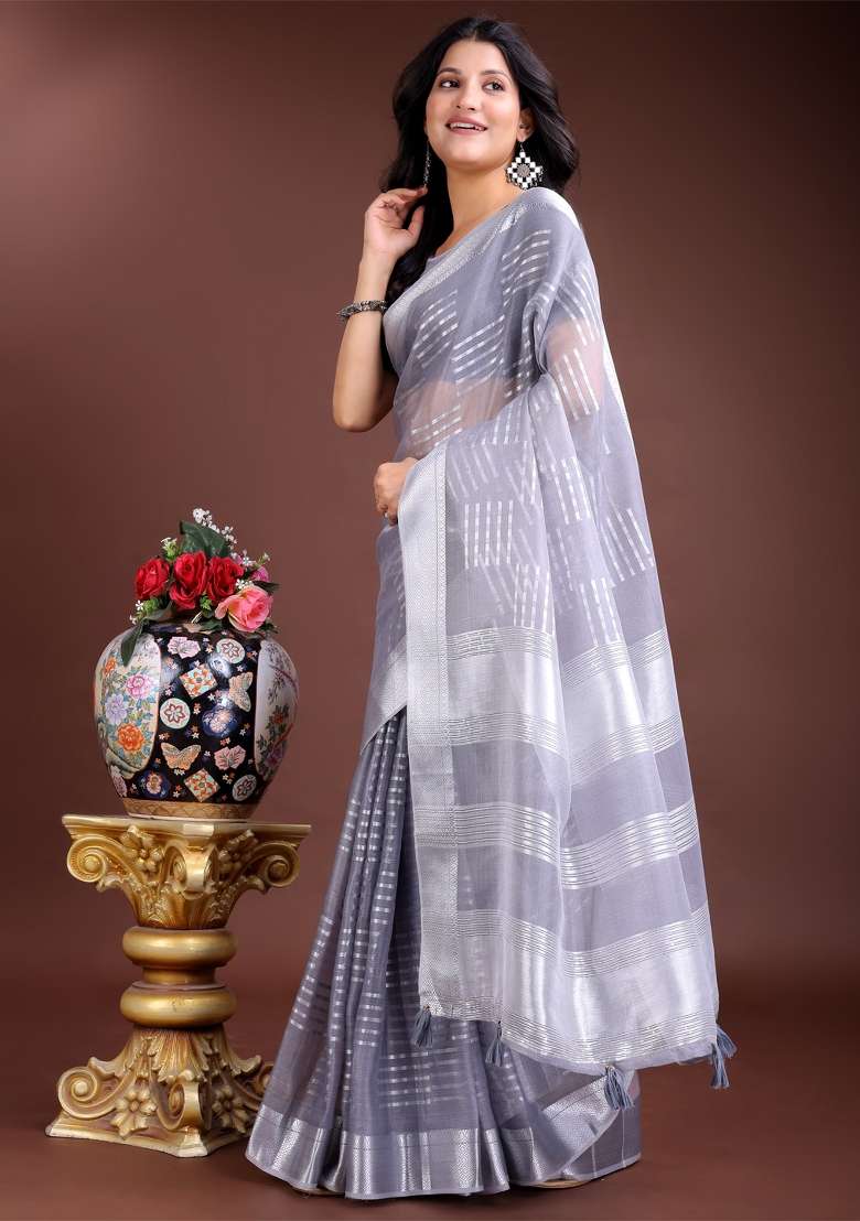 Grey Woven Zari Work Organza Saree Set - Indya