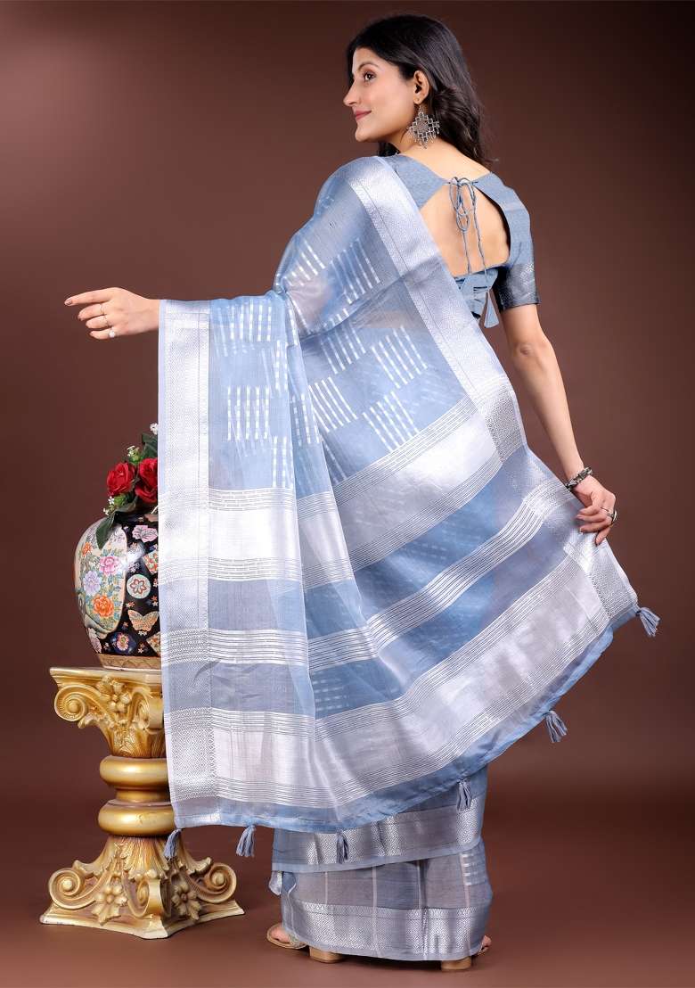Sky Blue Woven Zari Work Organza Saree Set - Indya