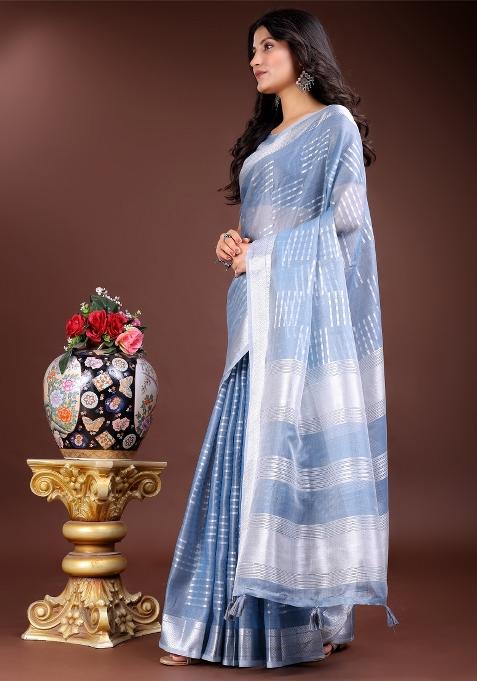 Sky Blue Woven Zari Work Organza Saree Set