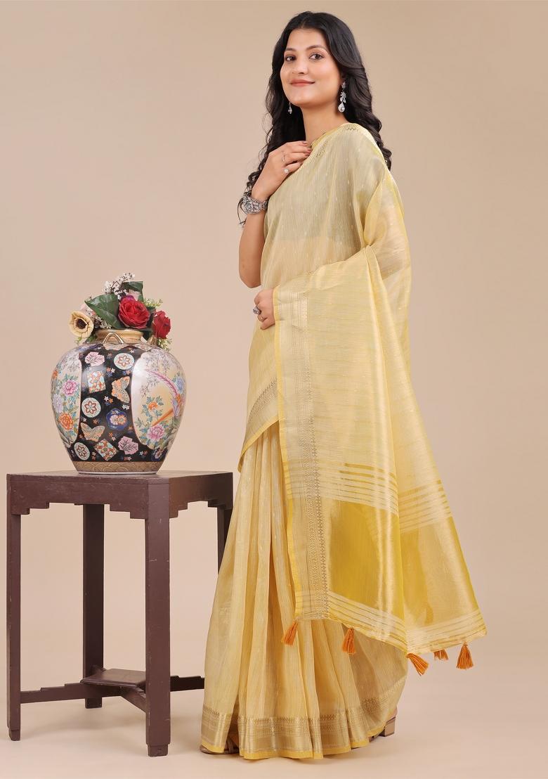 Yellow Woven Zari Work Organza Saree Set