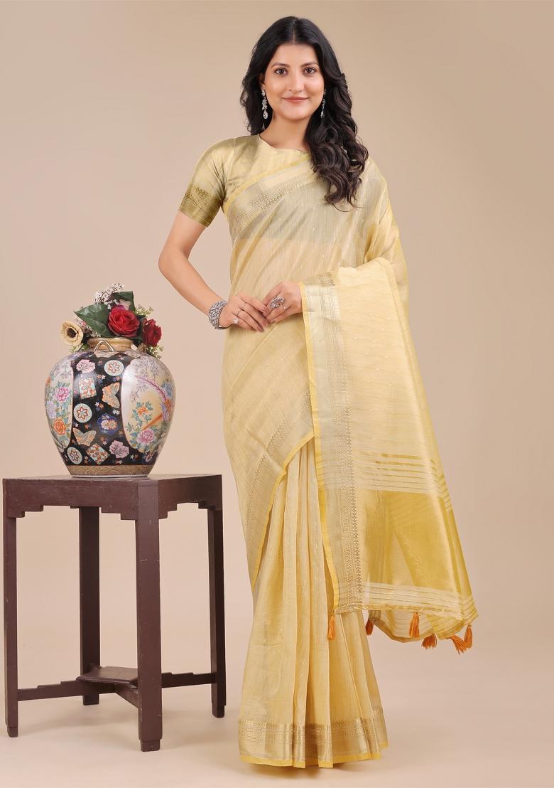 Yellow Woven Zari Work Organza Saree Set