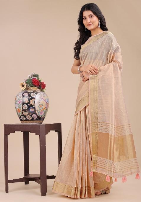 Peach Woven Zari Work Organza Saree Set