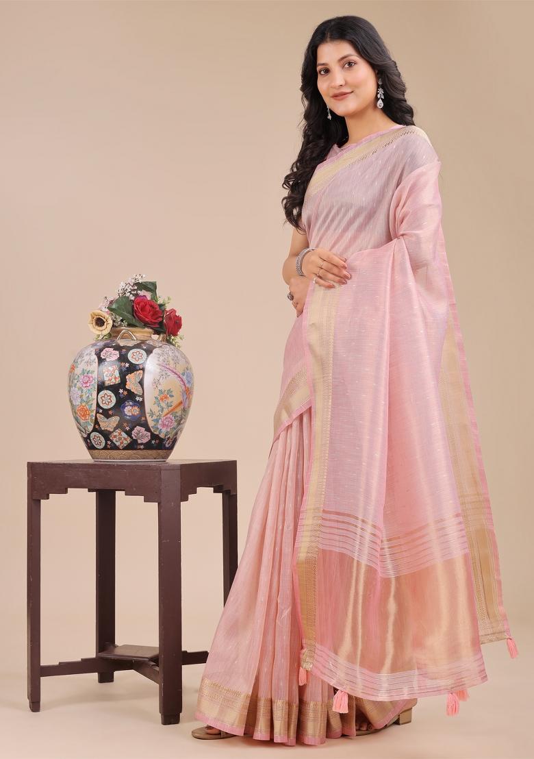 Light Pink Woven Zari Work Organza Saree Set