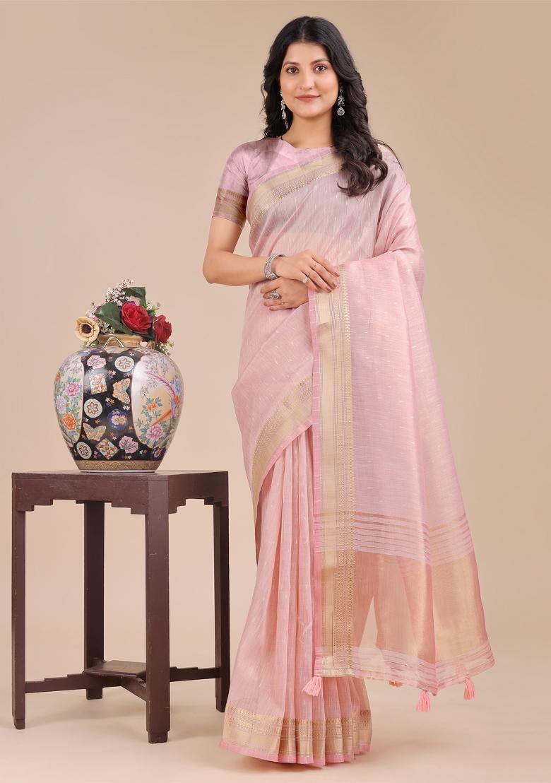Light Pink Woven Zari Work Organza Saree Set