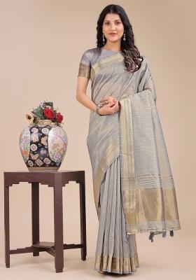 Grey Woven Zari Work Organza Saree Set