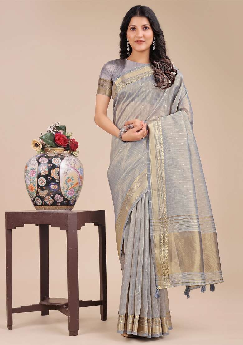Grey Woven Zari Work Organza Saree Set - Indya