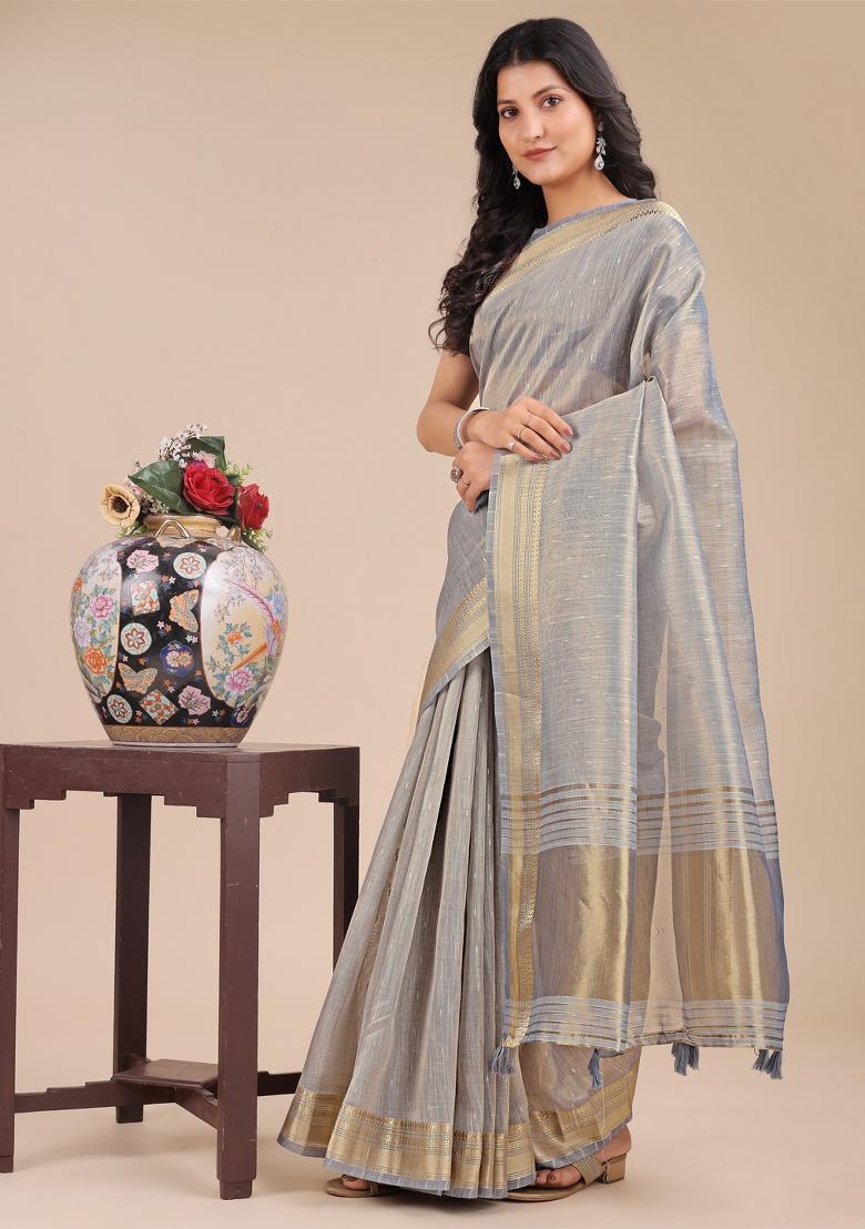 Grey Woven Zari Work Organza Saree Set