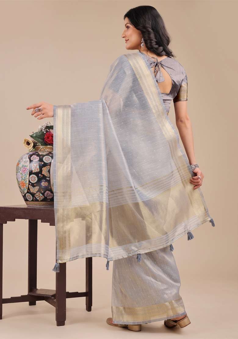 Grey Woven Zari Work Organza Saree Set - Indya