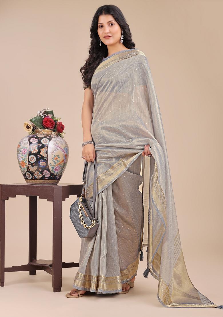 Grey Woven Zari Work Organza Saree Set