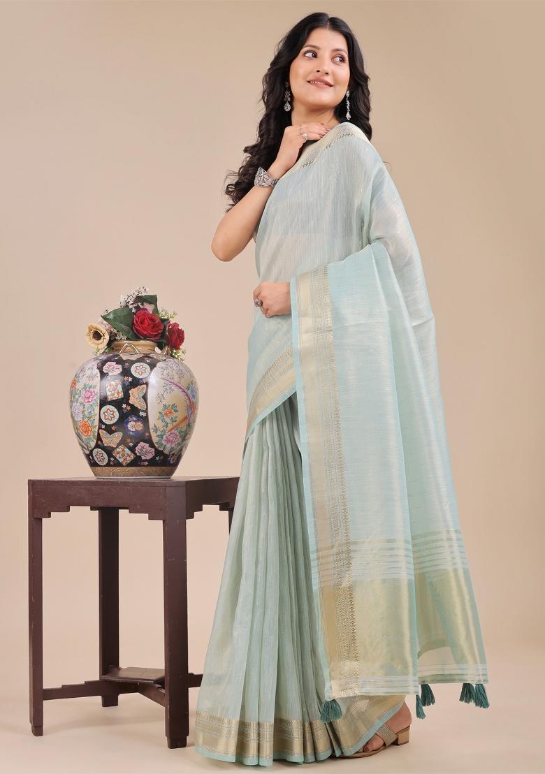 Sea Green Woven Zari Work Organza Saree Set