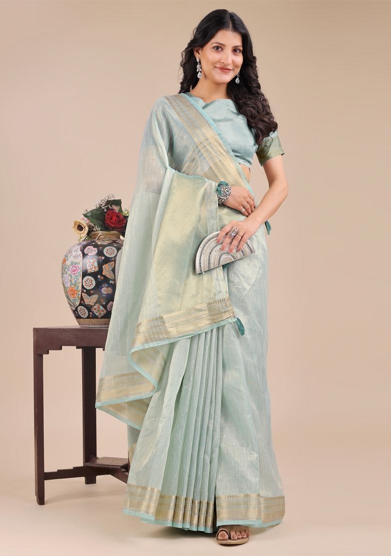 Sea Green Woven Zari Work Organza Saree Set