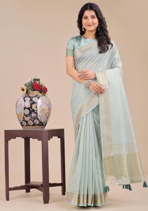 Sea Green Woven Zari Work Organza Saree Set