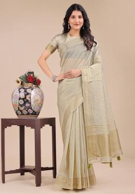 Cream Woven Zari Work Organza Saree Set