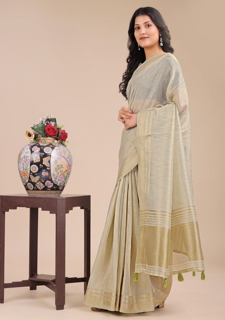 Cream Woven Zari Work Organza Saree Set