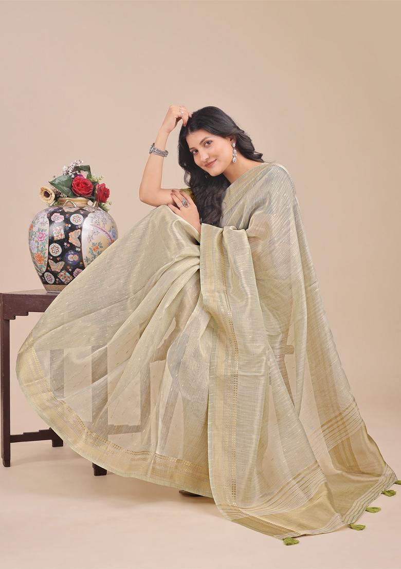 Cream Woven Zari Work Organza Saree Set