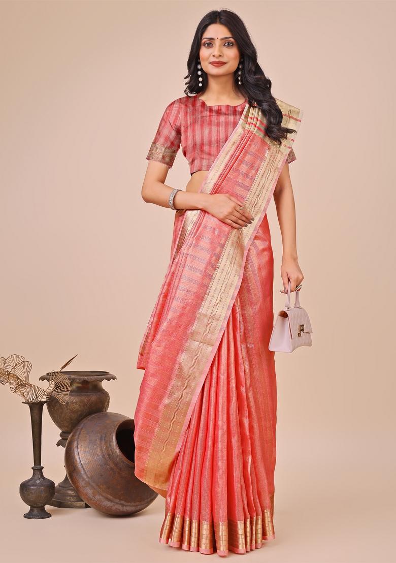 Orange Woven Zari Work Organza Saree Set