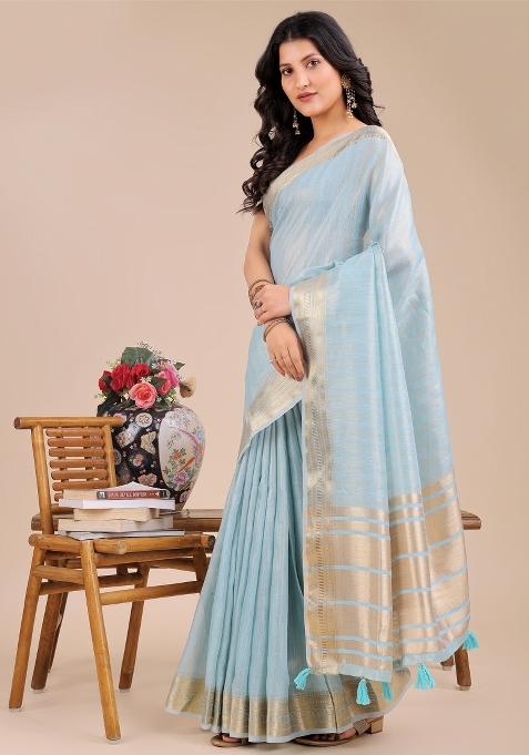 Sky Blue Woven Zari Work Organza Saree Set
