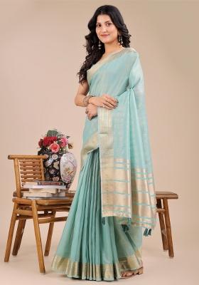 Sea Green Woven Zari Work Organza Saree Set