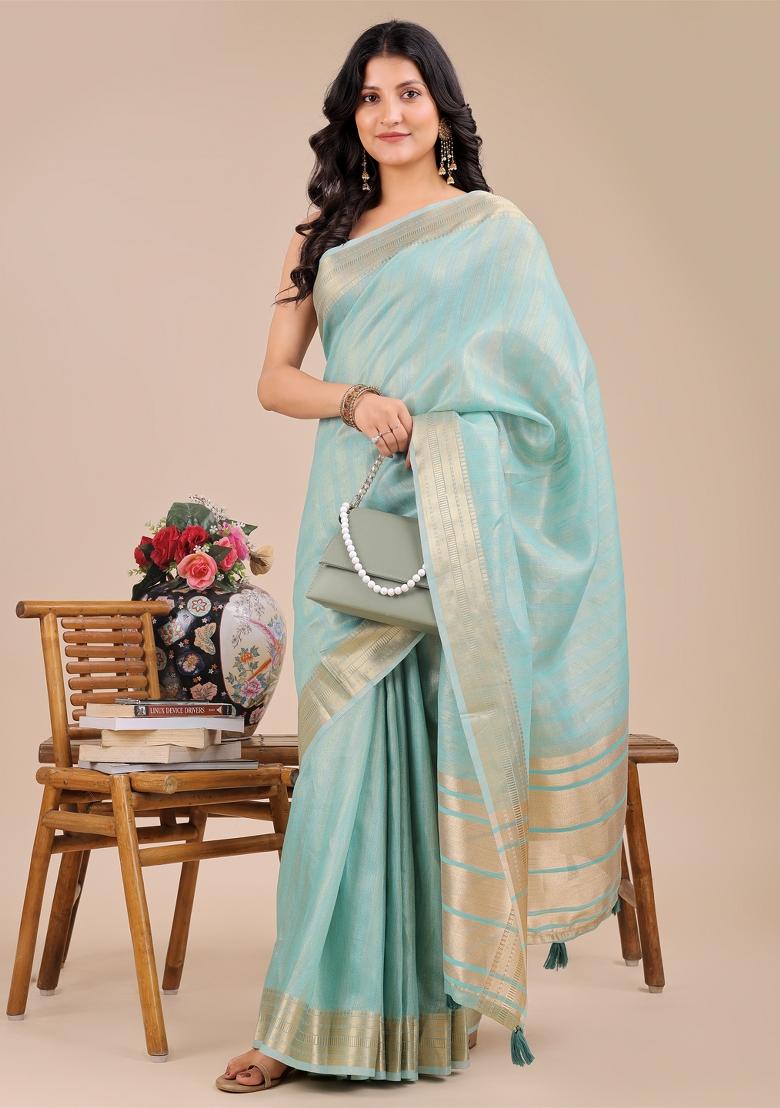 Sea Green Woven Zari Work Organza Saree Set