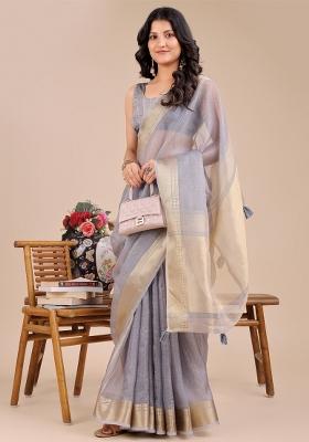 Grey Woven Zari Work Organza Saree Set