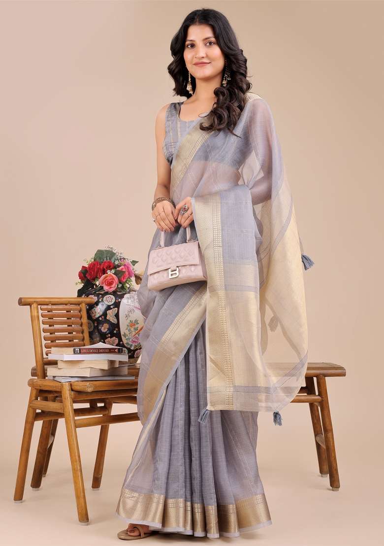 Grey Woven Zari Work Organza Saree Set - Indya