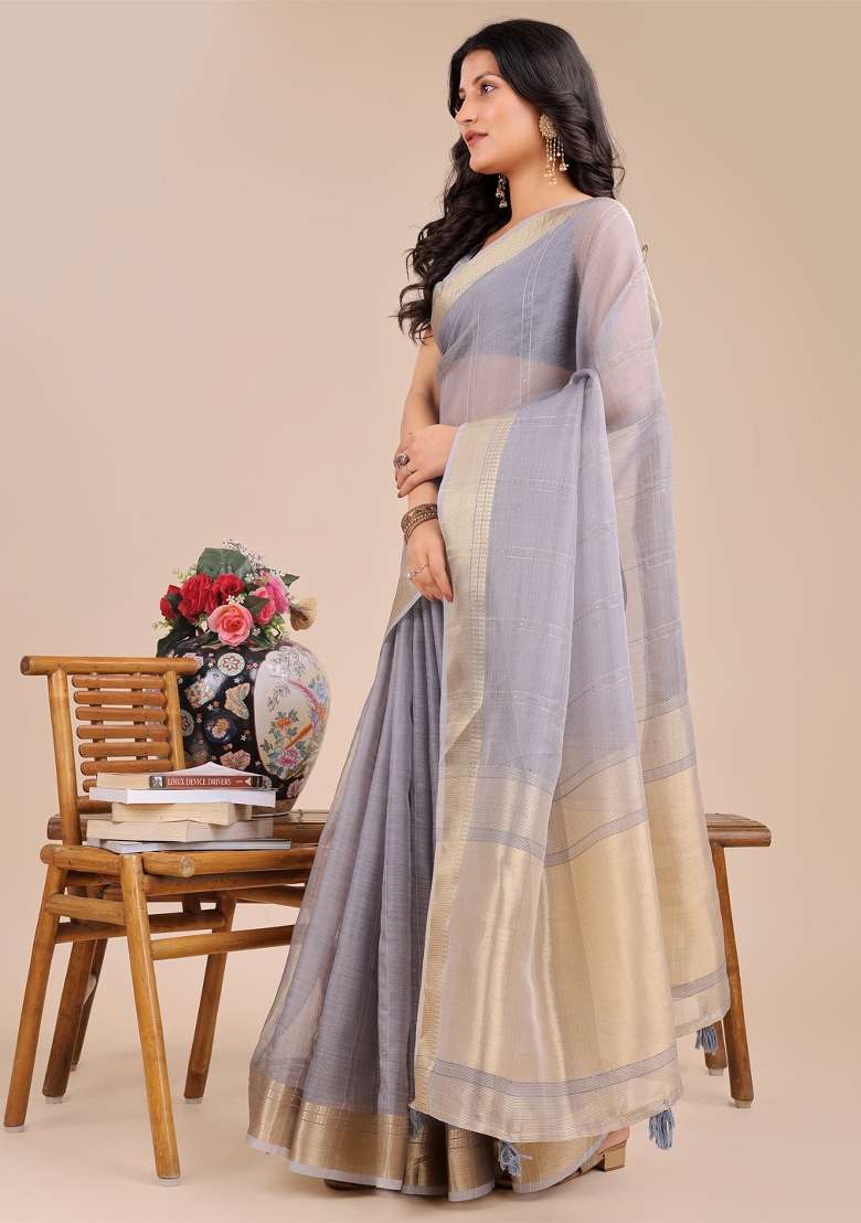 Grey Woven Zari Work Organza Saree Set - Indya