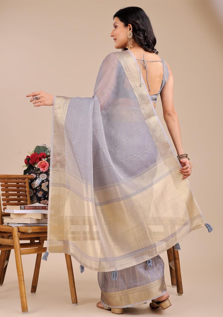Grey Woven Zari Work Organza Saree Set