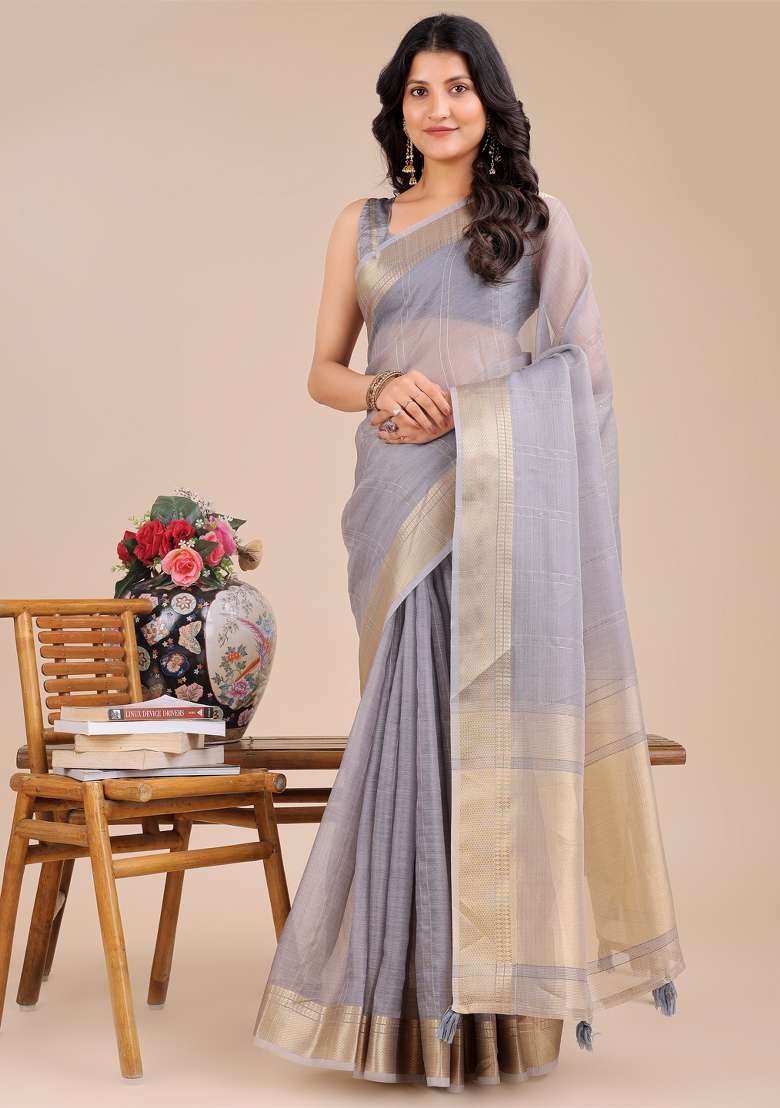 Grey Woven Zari Work Organza Saree Set - Indya