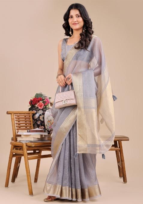 Grey Woven Zari Work Organza Saree Set