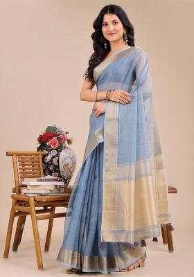 Sky Blue Woven Zari Work Organza Saree Set